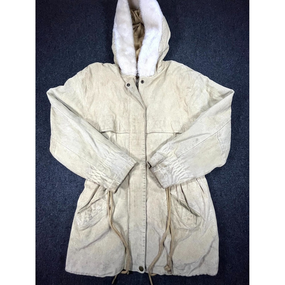 Y2K Marsh Landing Parka Jacket Women Small Beige Leather Fur Lined Hooded Winter